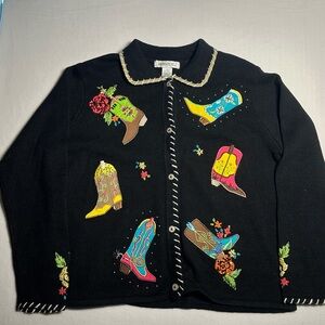 Arriviste Western Boot Embroidered Cardigan Sweater Vintage Cowgirl Rodeo Jacket